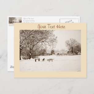 Cartão Postal cães tocando pintura de paisagem por neve invernal