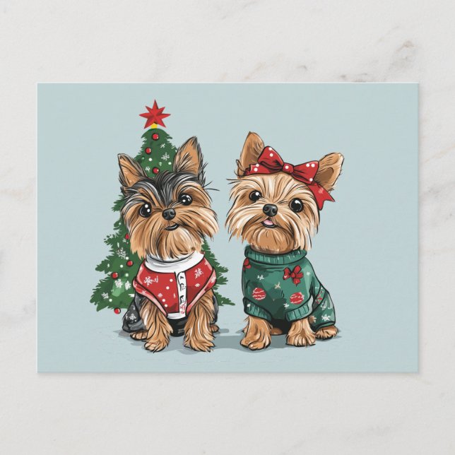 Cartão Postal Cães Yorkie de Natal (Frente)