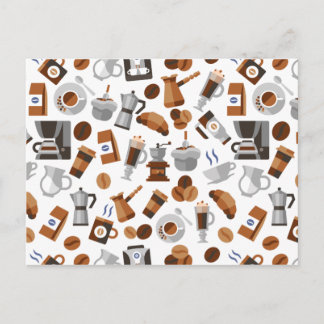 Cartão Postal Café castanho e padrão croissant
