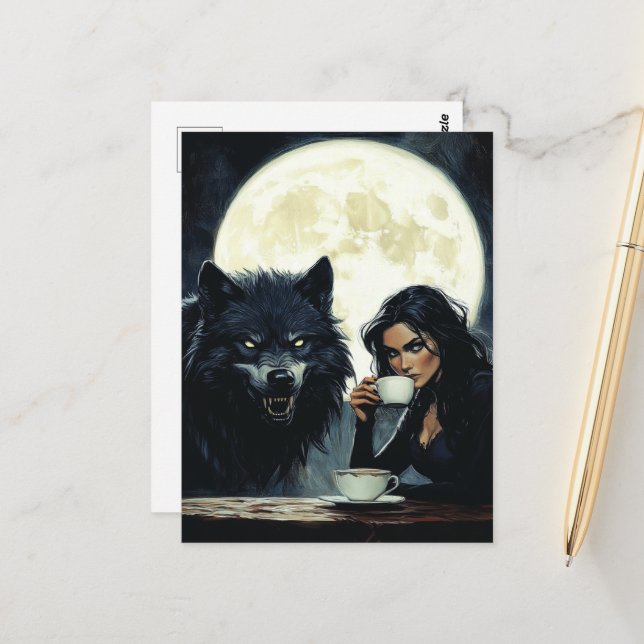 Cartão Postal Café com o Lobo durante a lua cheia (Frente/Verso In Situ)