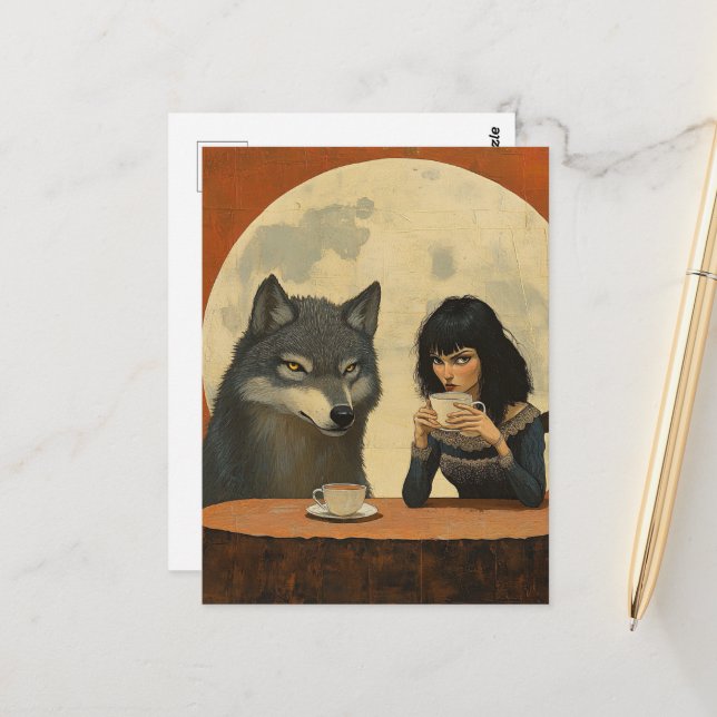 Cartão Postal Café com o Lobo durante uma lua cheia sombria (Frente/Verso In Situ)