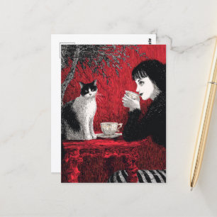 Cartão Postal Café com Preto Vermelho Branco Preto