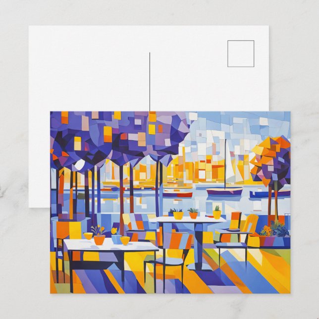 Cartão Postal Café Cubista ao Ar Livre com Mesas (Frente/Verso)