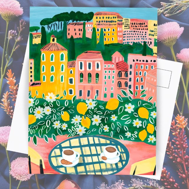 Cartão Postal Café da Manhã no Terraço Pintura da Cidade Caprich (Breakfast on the Terrace Whimsical Colorful Paris City Painting Postcard
)