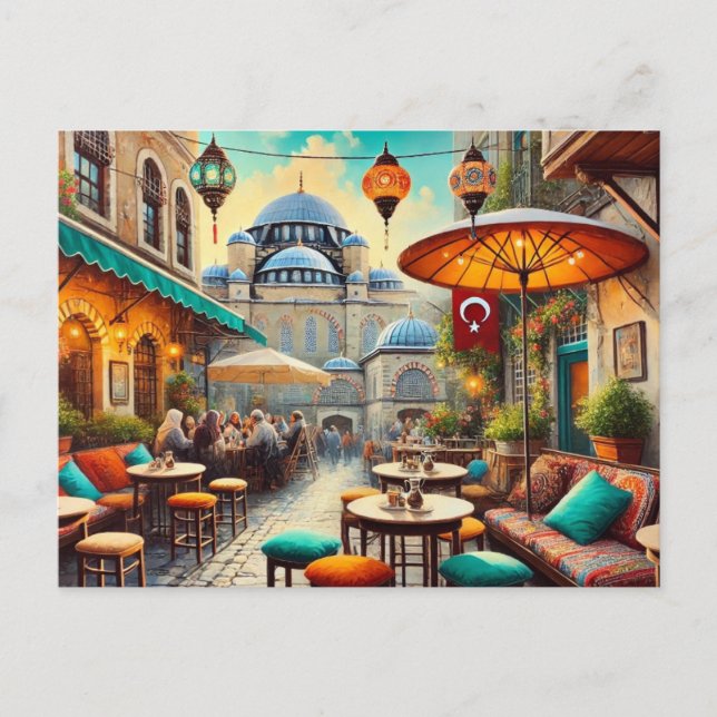 Cartão Postal Café em Istambul Watercolor Painting (Frente)