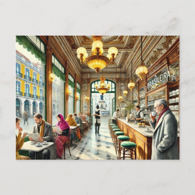Cartão Postal Café em Lisboa Watercolor (Frente)