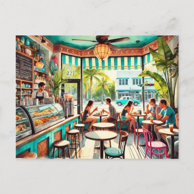 Cartão Postal Café em Miami Watercolor (Frente)