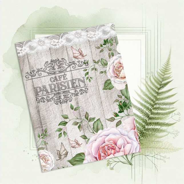 Cartão Postal Café Francês Parisien Floral Wood Conselho (Criador carregado)