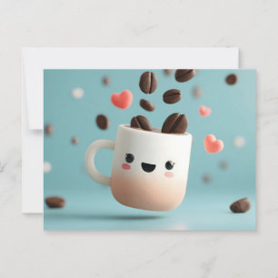 Cartão Postal Café Kawaii Bonito com Feijão de Café Flutuante