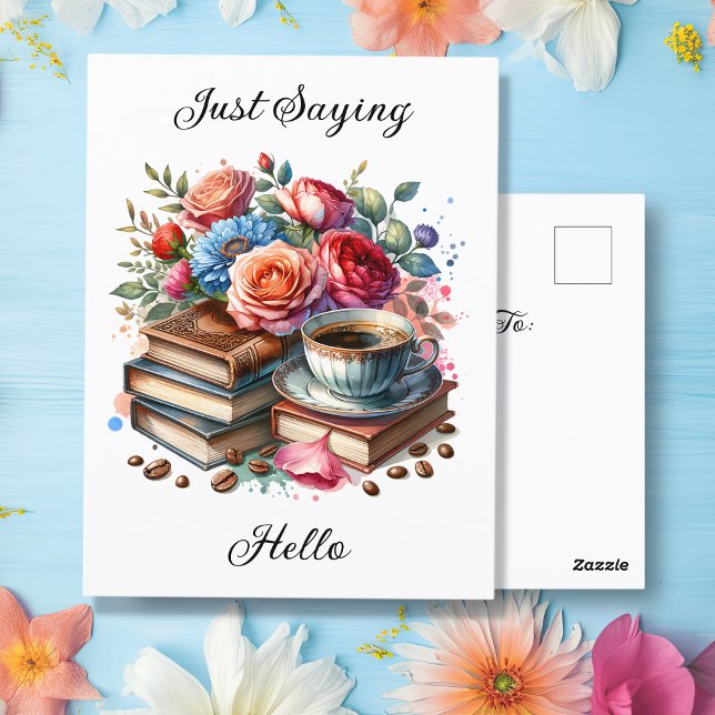 Cartão Postal Café, Livros e Flores | Pensando Em Você (Criador carregado)
