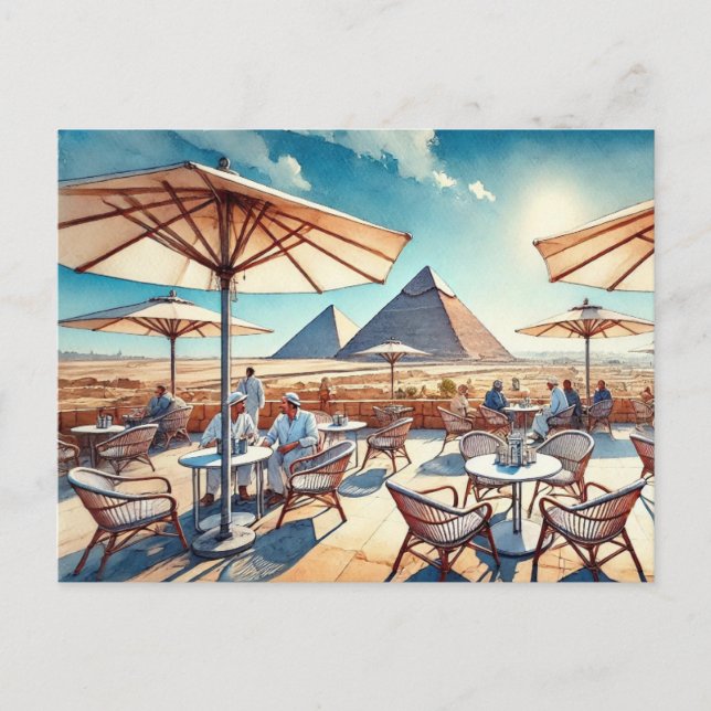 Cartão Postal Café no Cairo Egito Pirâmides de Giza (Frente)