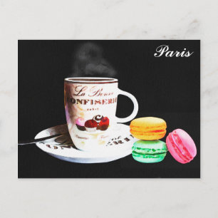 Cartão Postal Café Paris França Macarons Aquarela