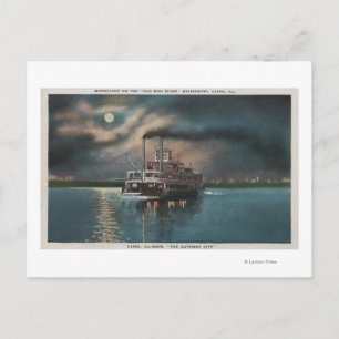 Cartão Postal Cairo, IL - Visão Noturna do Navio a vapor na Srta