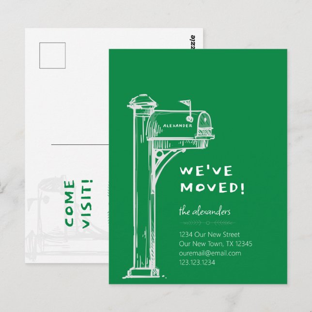 Cartão Postal Caixa de Correio de Mudança Verde Nós Mudamos (Frente/Verso)