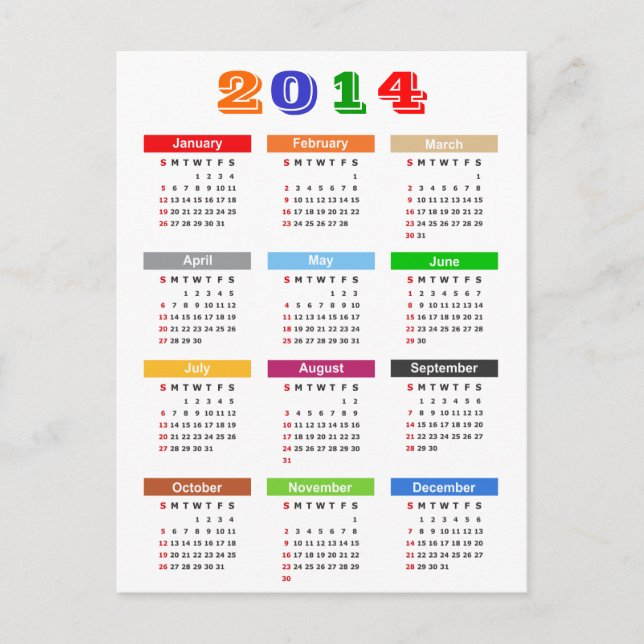 Cartão Postal Calendário 2014 - Tema de Várias Cores Padrão (Frente)