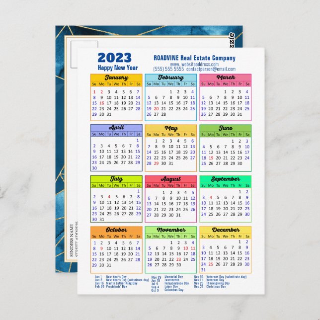 Cartão Postal Calendário 2023 Azul Geométrico Moderno (Frente/Verso)