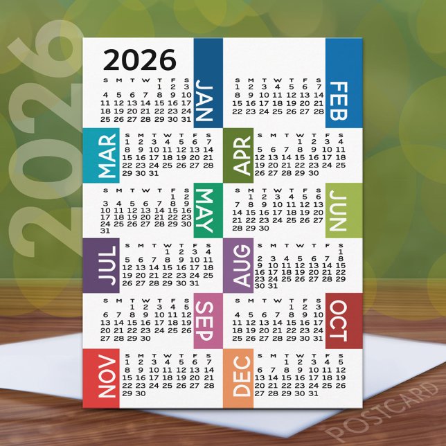 Cartão Postal Calendário 2024 com meses coloridos (2026 Calendar Postcard)