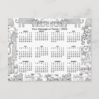 Cartão Postal Calendário 2026 de Gatos Mensagem ou Nome Personal