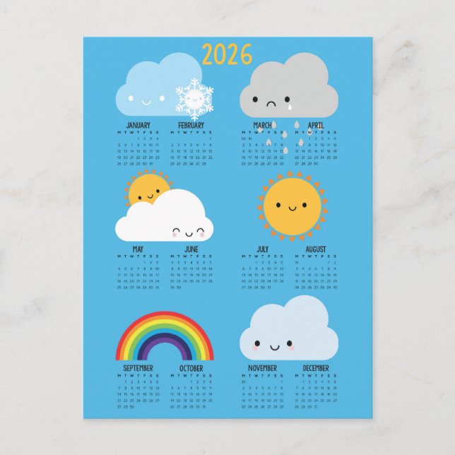Cartão Postal Calendário 2026 Feliz Clima do Céu de Kawaii (Frente)