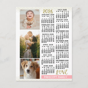 Cartão Postal Calendário 2026 Rosa Bege Dourado Colagem de Fotos