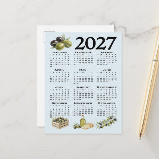 Cartão Postal Calendário 2027, Azeitonas Mediterrâneas, Azul