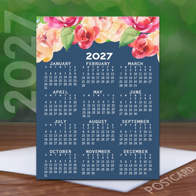 Cartão Postal Calendário 2027 com Flores de Aquarela Pintadas (2027 Calendar on a Postcard)