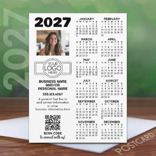 Cartão Postal Calendário 2027 com logotipo, Código QR, Foto e Ma