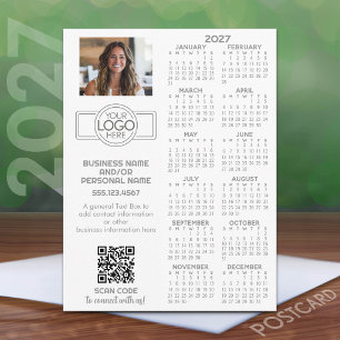 Cartão Postal Calendário 2027 com logotipo, Código QR, Foto e Ma