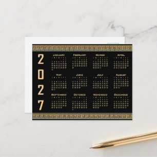 Cartão Postal Calendário 2027, Fretwork Grego, Bege no Preto