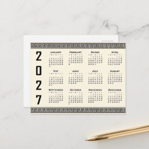 Cartão Postal Calendário 2027, Fretwork Grego, Preto no Bege