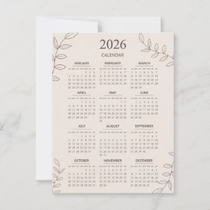 Cartão Postal Calendário Anual 2026 Arte Floral Minimalista