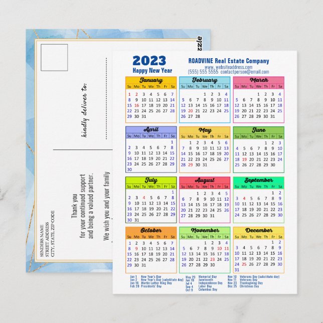 Cartão Postal Calendário anual moderno da empresa Azul Dourado 2 (Frente/Verso)
