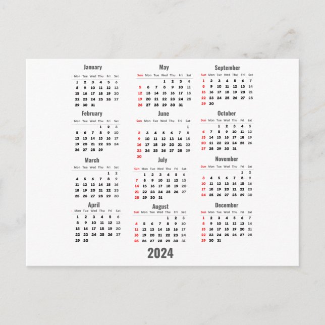 Cartão Postal Calendário Branco 52 Semanas 2024 (Frente)
