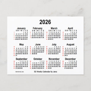 Cartão Postal Calendário branco de 2026 de 52 semanas por Janz