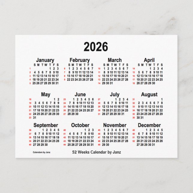 Cartão Postal Calendário branco de 2026 de 52 semanas por Janz (Frente)