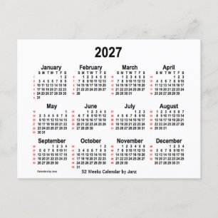 Cartão Postal Calendário branco de 2027, 52 semanas, por Janz