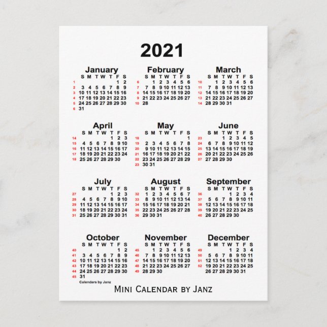 Cartão Postal Calendário branco de 52 semanas 2021 por Janz (Frente)