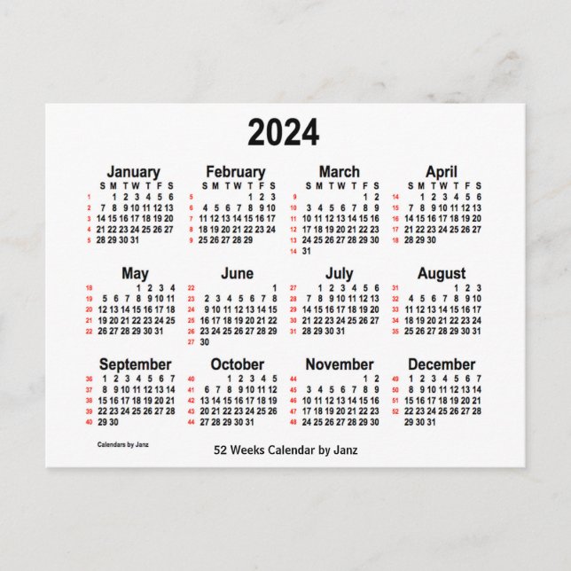 Cartão Postal Calendário branco de 52 semanas 2024 por Janz (Frente)