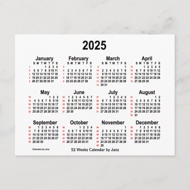 Cartão Postal Calendário branco de 52 semanas 2025 por Janz (Frente)