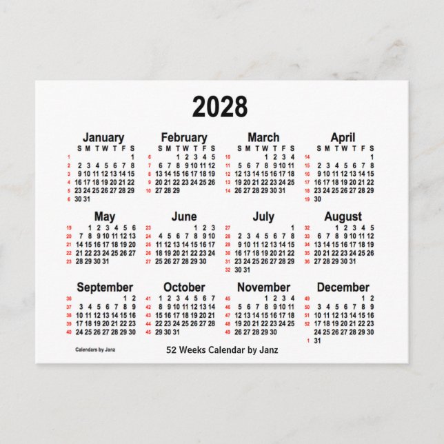 Cartão Postal Calendário branco de 52 semanas 2028 por Janz (Frente)