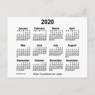 Cartão Postal Calendário Branco Mini 2020 por Janz