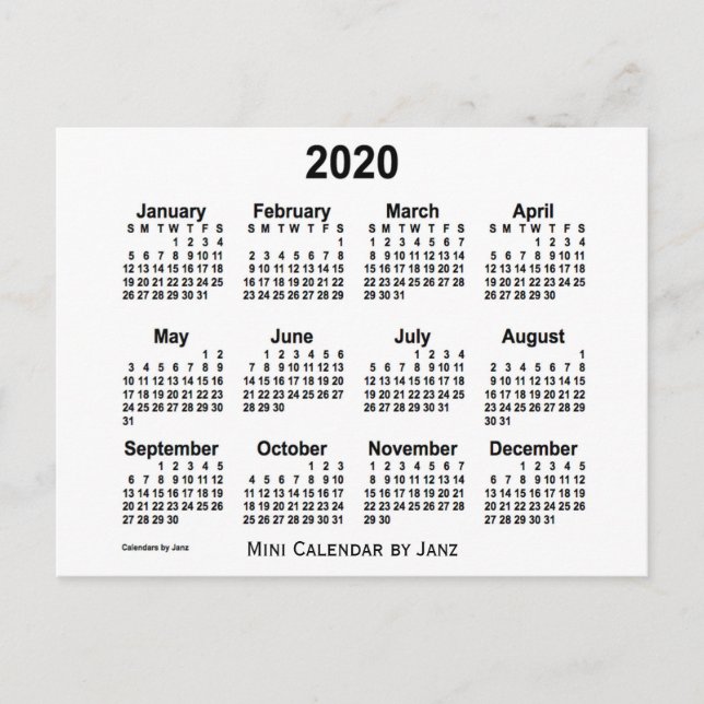 Cartão Postal Calendário Branco Mini 2020 por Janz (Frente)