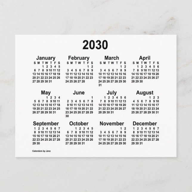 Cartão Postal Calendário Branco Mini de 2030 por Janz (Frente)