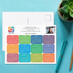 Cartão Postal Calendário Colorido do Logotipo da Empresa 2026<br><div class="desc">Este cartão postal colorido e divertido do calendário de negócios é personalizado com o nome da sua empresa profissional sob o nome do agente acima das cores divertidas para cada mês. Estes cartões postais modernos e fofos apresentam o seu logótipo num dos lados e fotografias personalizadas no outro. Ferramentas de...</div>