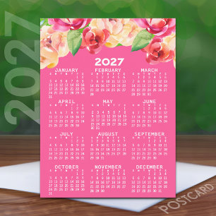 Cartão Postal Calendário com Flores de Aquarela Pintadas rosa