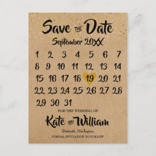 Cartão Postal Calendário Coração Dourado Rustic Kraft Save the D