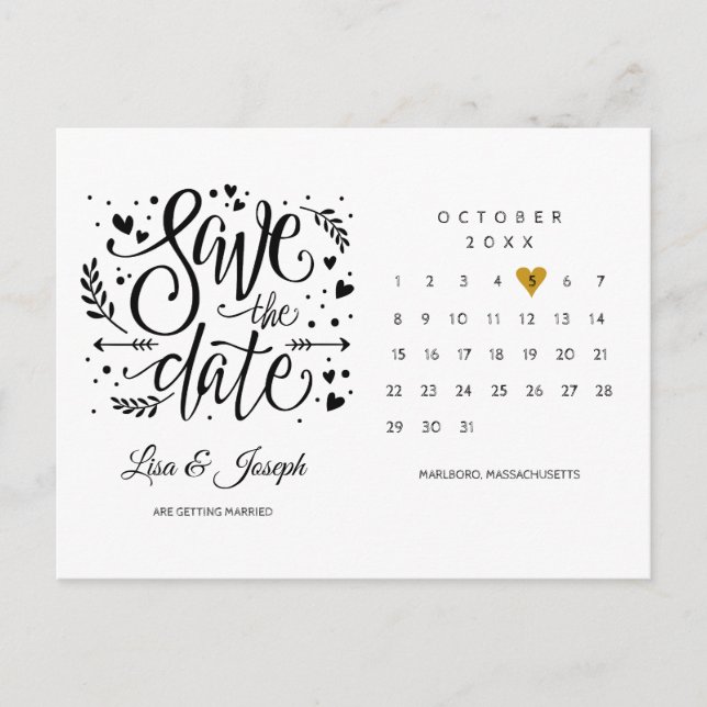 Cartão Postal Calendário Coração Dourado Salvar a Data (Frente)