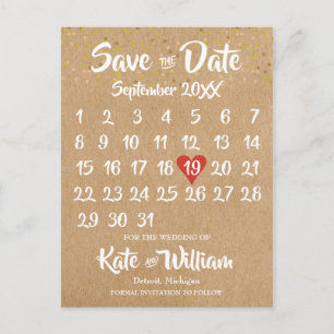 Cartão Postal Calendário Coração Vermelho Rustic Kraft Salvar Da