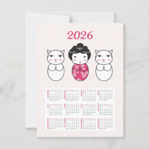 Cartão Postal Calendário de 2026 do Kokeshi Japonês Kawaii
