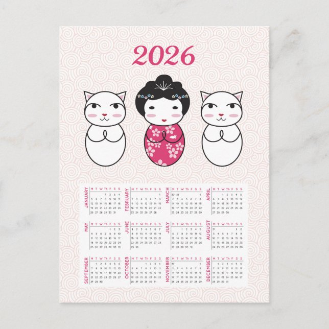 Cartão Postal Calendário de 2026 do Kokeshi Japonês Kawaii (Frente)